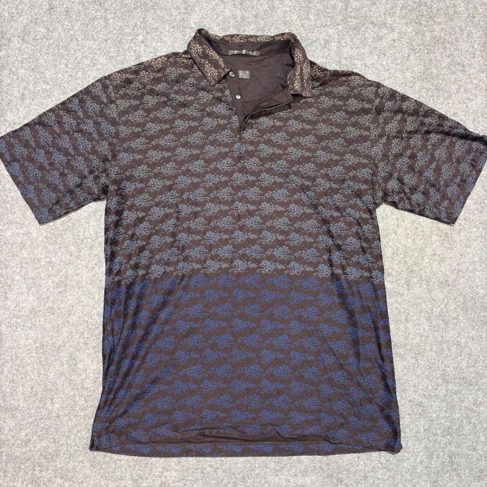 Nike Tiger Woods Men XL Brown Blue Floral Fan Print Golf Polo Shirt Short Sleeve